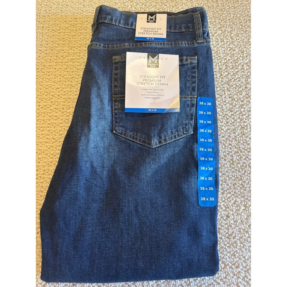 Member's Mark Straight Fit Premium Stretch Denim Jeans Blue 38x30 Mens New Pants